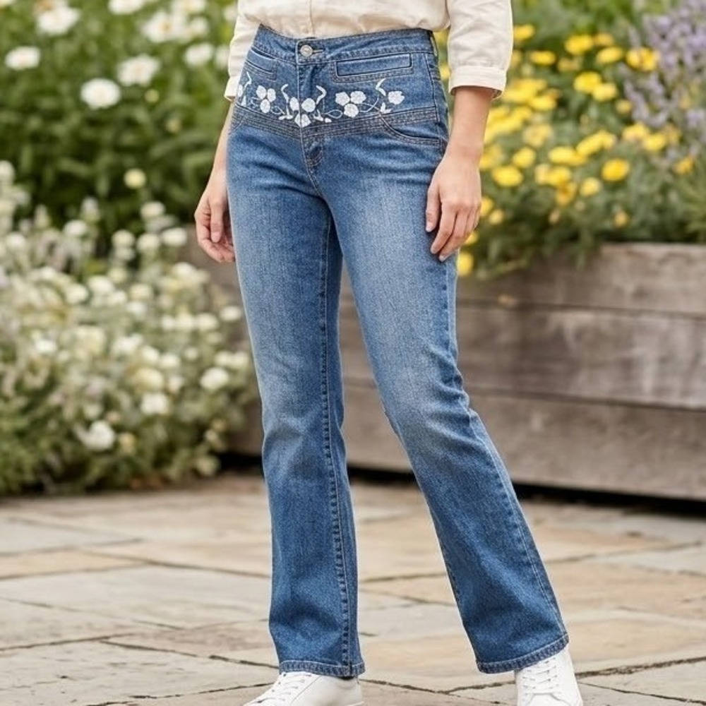 Adolfo‎ Jeans Womens 8 Medium Wash Floral Embroidered Y2K Flare Denim Pants RARE